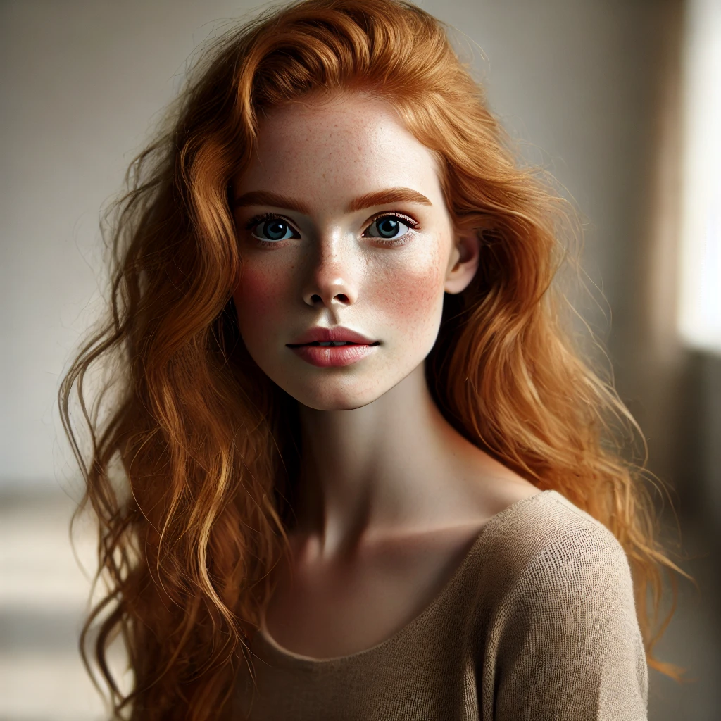 studio portrait photography, ginger woman, skin complexions, natural light