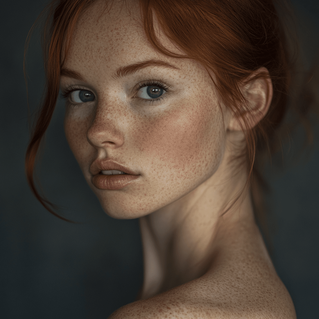 studio portrait photography, ginger woman, skin complexions, natural light